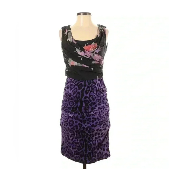 Dolce & Gabbana Leopard Floral Silk Mini Dress 44 M Ruched Draped Purple Black - Picture 8 of 10